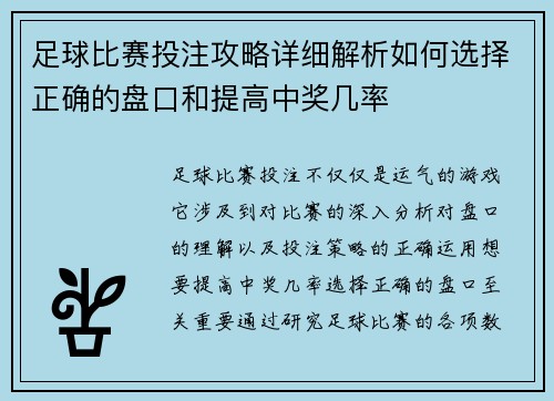 足球比赛投注攻略详细解析如何选择正确的盘口和提高中奖几率