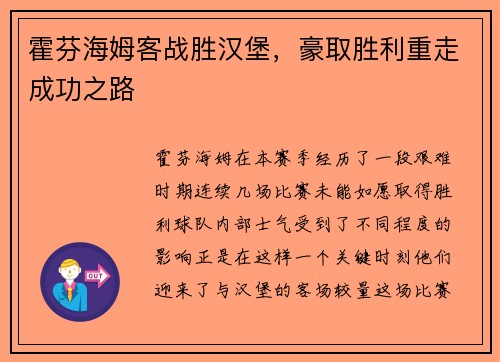 霍芬海姆客战胜汉堡，豪取胜利重走成功之路